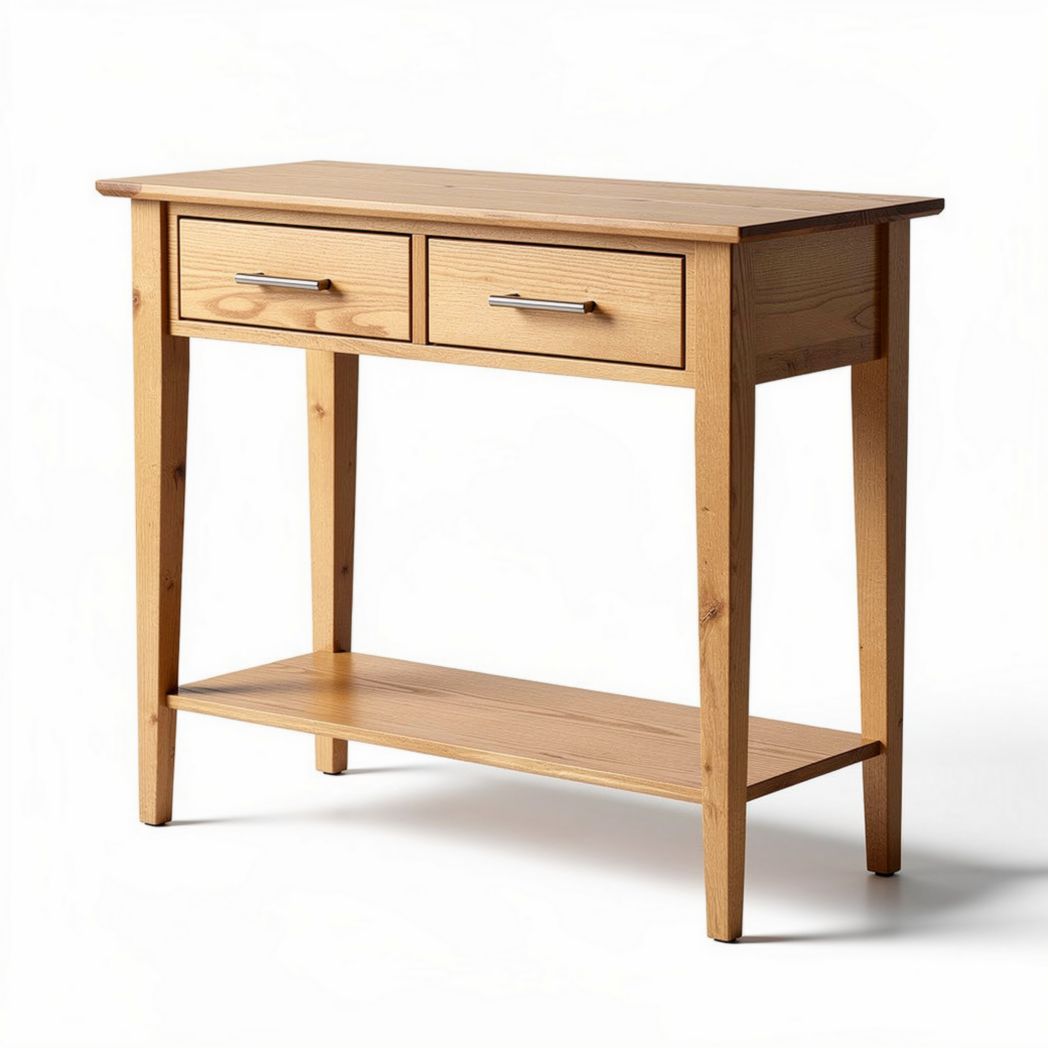 Mesa consola em madeira de pinho com duas gavetas cor natural 80 x 40 x 75cm