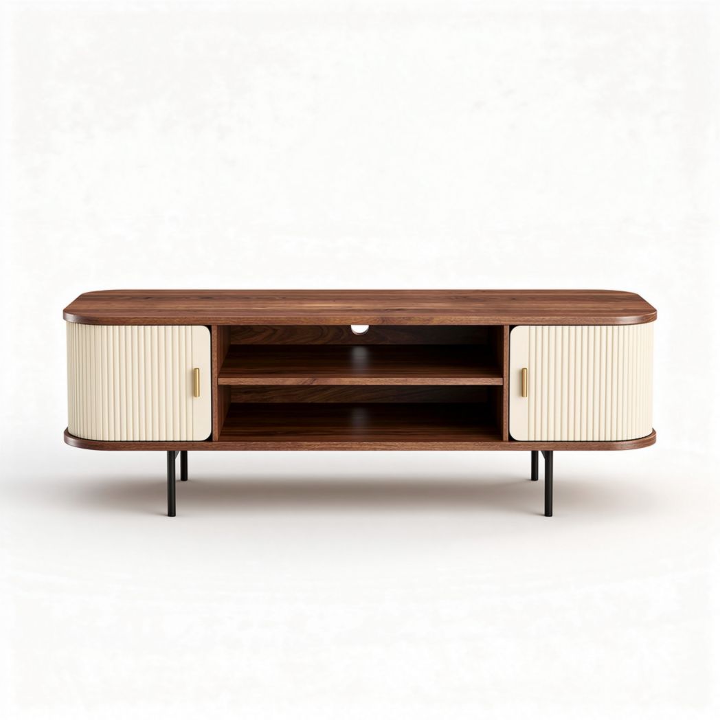 Movel de televisão em madeira e metal 150 x 40 x 50cm cor carvalho e creme