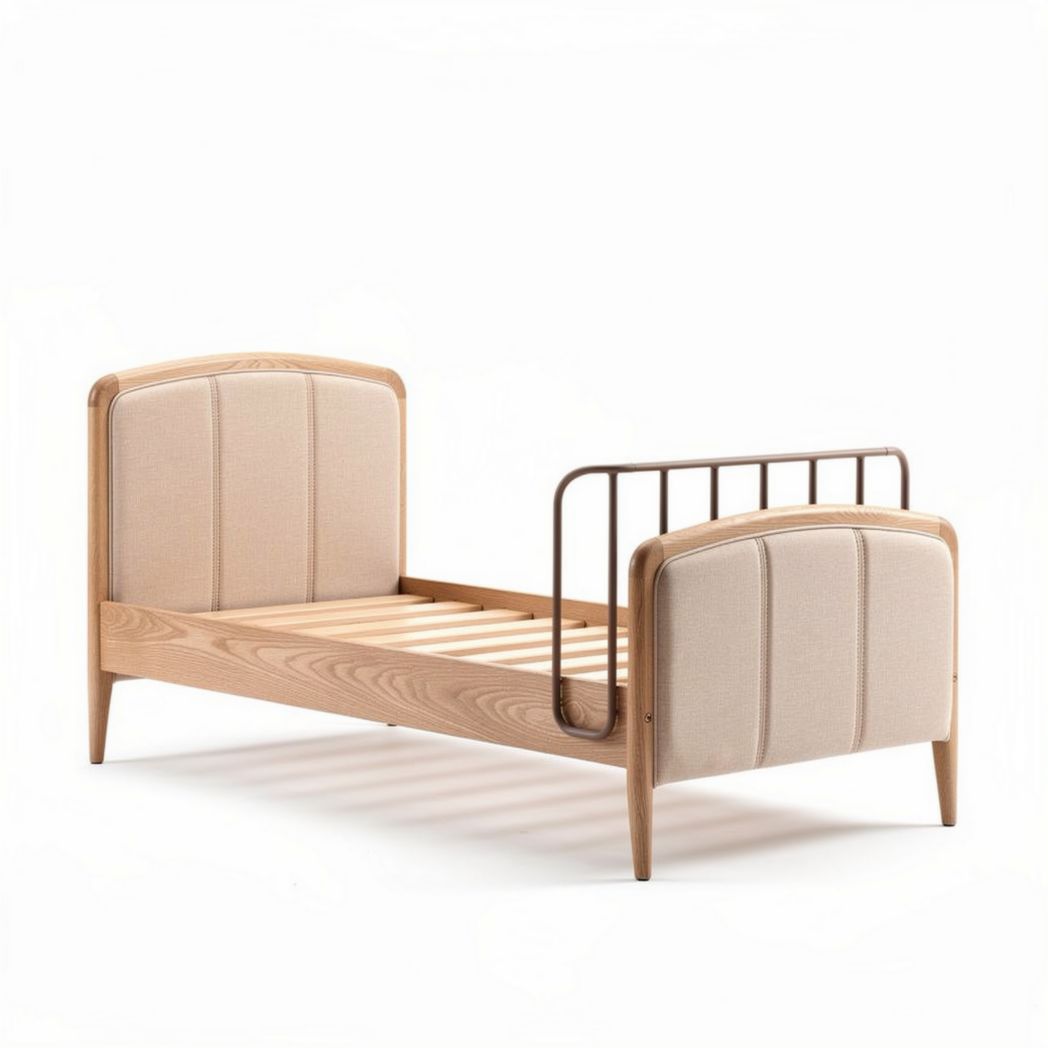Cama de madeira natural com cabeceira estofada em tecido 195 x 90 x 80cm