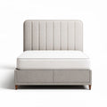 Cama de casal com cabeceira estofada cinza e gavetas embutidas 200 x 160 x 100cm