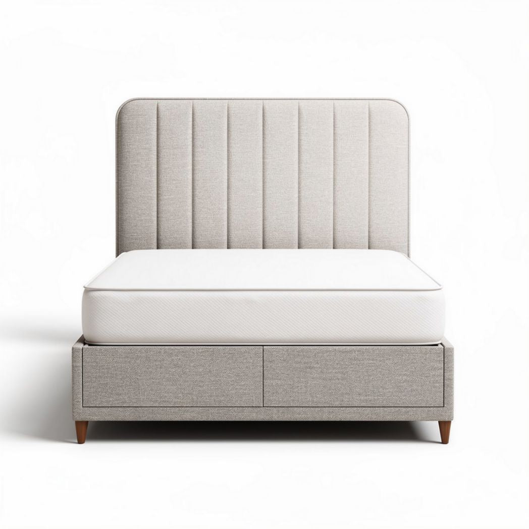 Cama de casal com cabeceira estofada cinza e gavetas embutidas 200 x 160 x 100cm