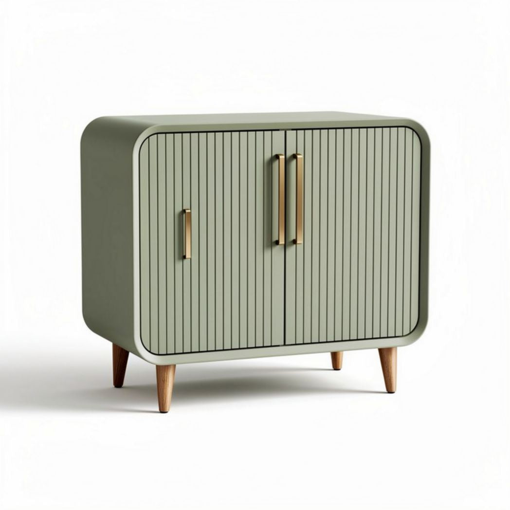 Aparador moderno em verde com design de ripas e pé em madeira 80 x 40 x 70cm