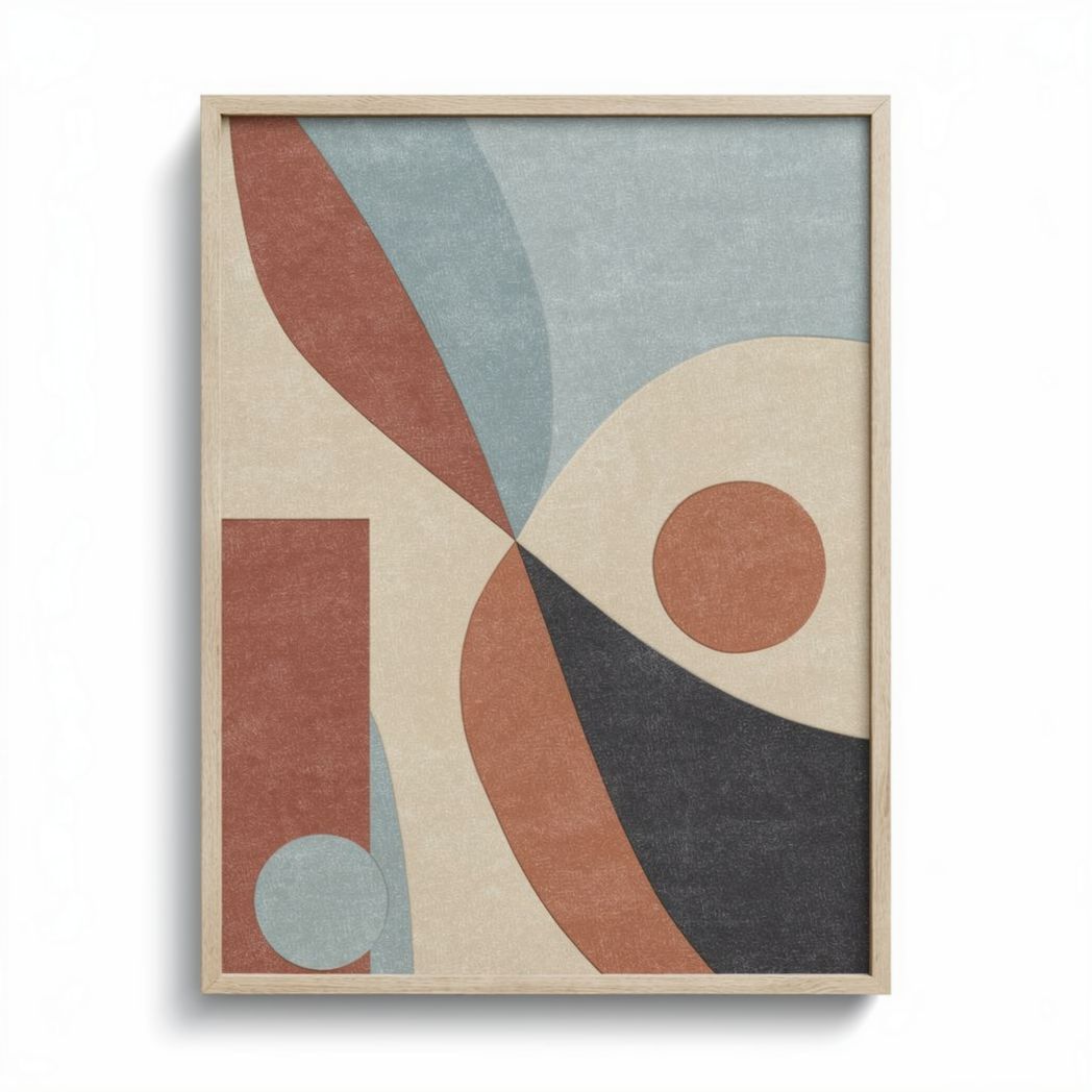 Quadro decorativo abstrato em tons de azul e terracota 50 x 70 x 2cm